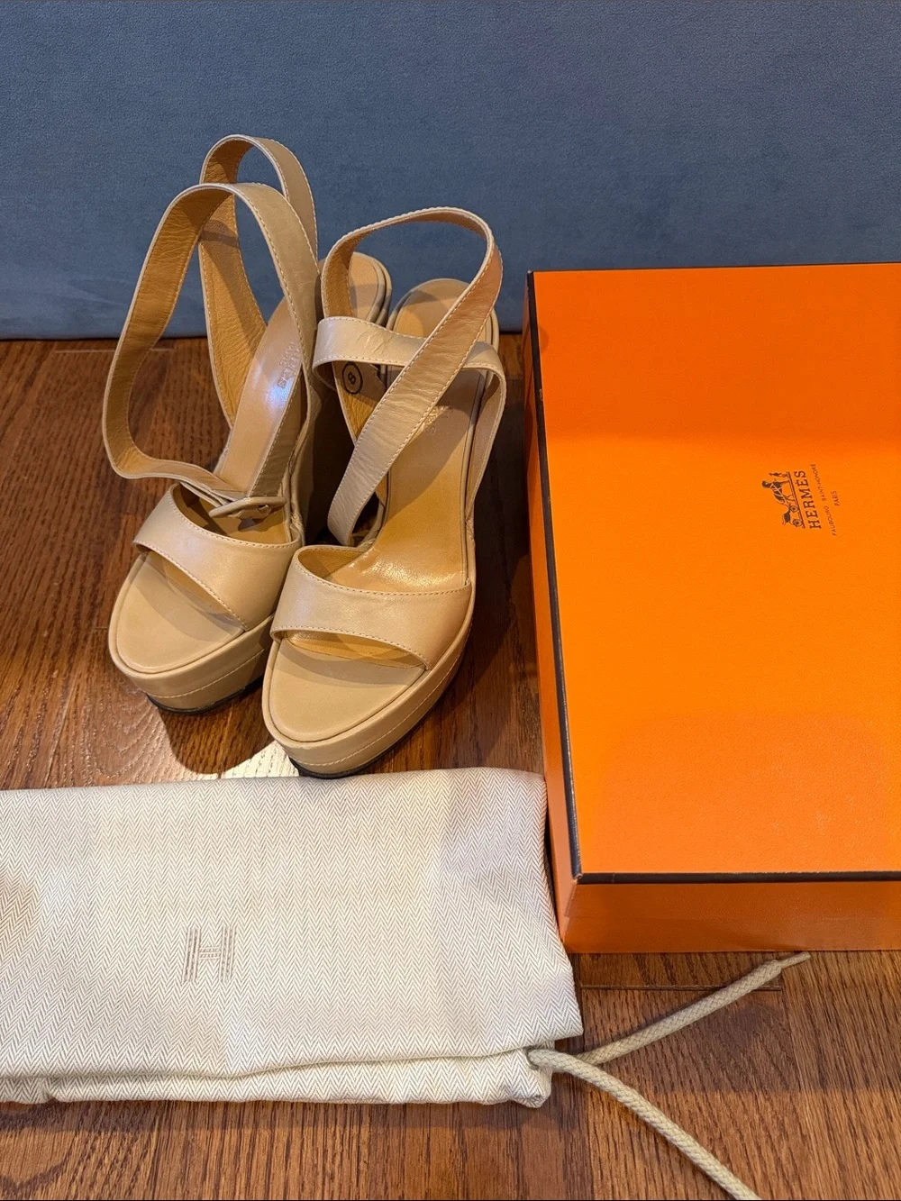 Hermes Beige Leather Platform Slingback Sandals